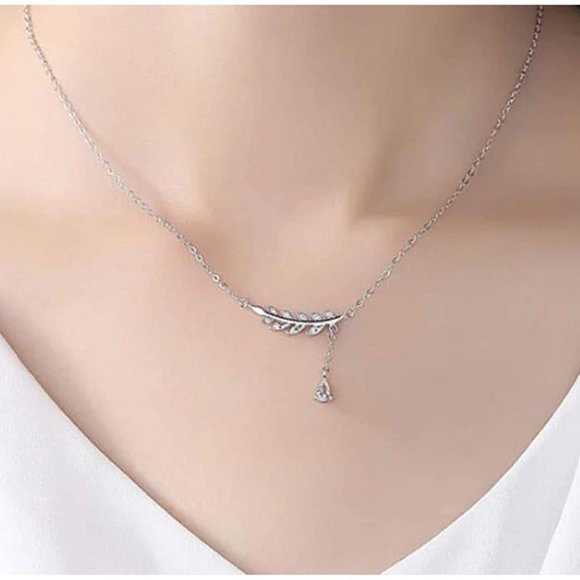 14k Gold Leaf Lab Diamond Tear Drop Necklace Sterling Silver - Picture 9 of 14